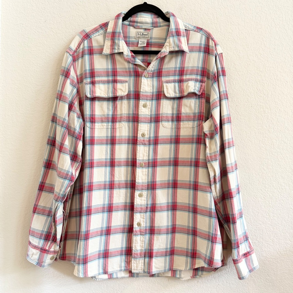 LL‎ Bean Mens Large Regular Plaid Thick Cotton Shirt Shacket Cream Sz L